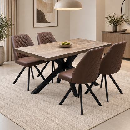 'Jupiter' Dark Oak Solid Oak 180cm Star Base Dining Table with Tan Brown Faux Leather Set of 4 Swivel Dining Chairs
