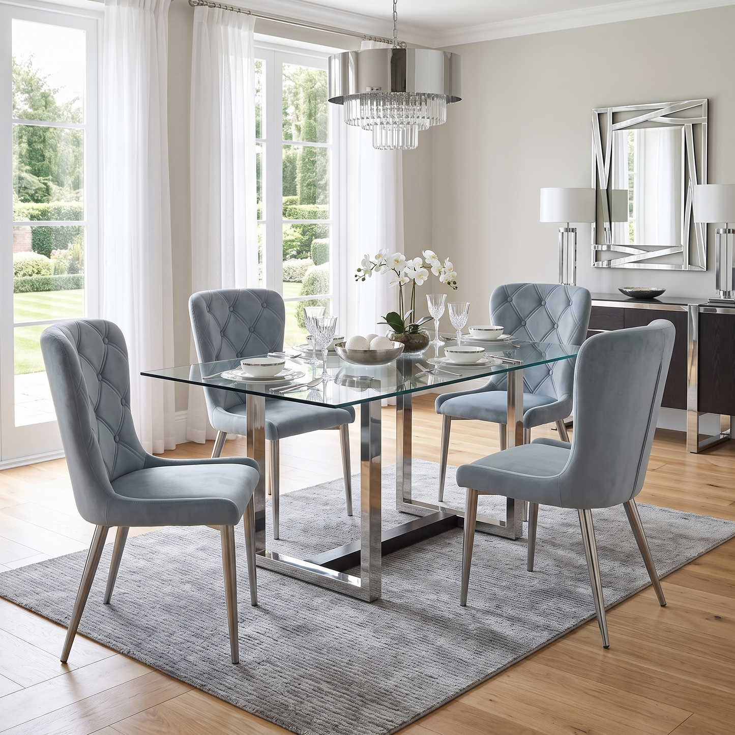 ‘Donnie’ Silver Fabric Set of 4 Button Back Dining Chairs Furniture Village
