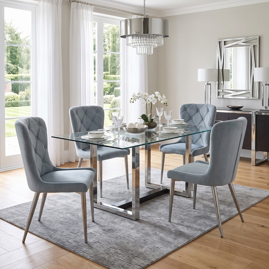 ‘Donnie’ Silver Fabric Set of 4 Button Back Dining Chairs Furniture Village