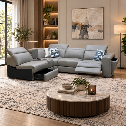 Ankara’ Mushroom Grey Leather Left Hand Facing Power Recliner Corner Sofa with Storage, Cup holders, Wireless Charging and Reading Light