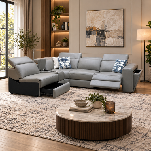Ankara’ Mushroom Grey Leather Left Hand Facing Power Recliner Corner Sofa with Storage, Cup holders, Wireless Charging and Reading Light