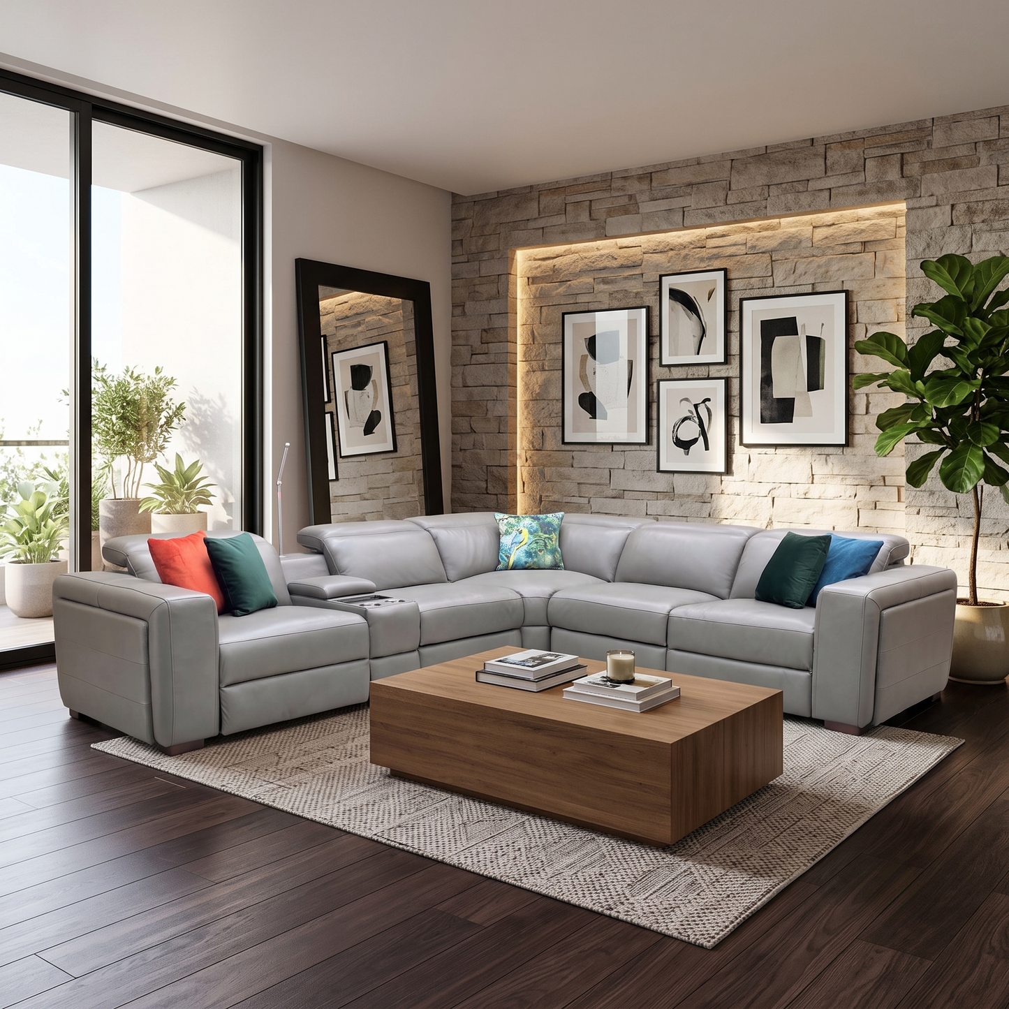 ‘Ankara’ Mushroom Grey Leather Large Modular Power Recliner Corner Sofa with Storage, Cup holders, Wireless Charging and Reading Light Direct From Manufacturer