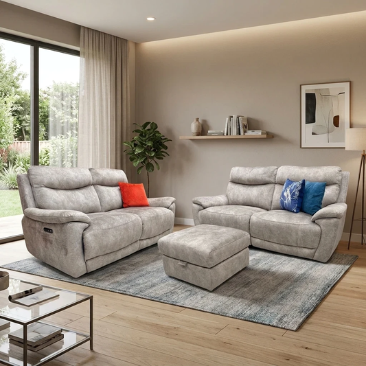 'Sloane' Marble Charcoal Grey Velvet Fabric 3 + 3 Seater Power Recliner with Storage Footstool Sofa Set
