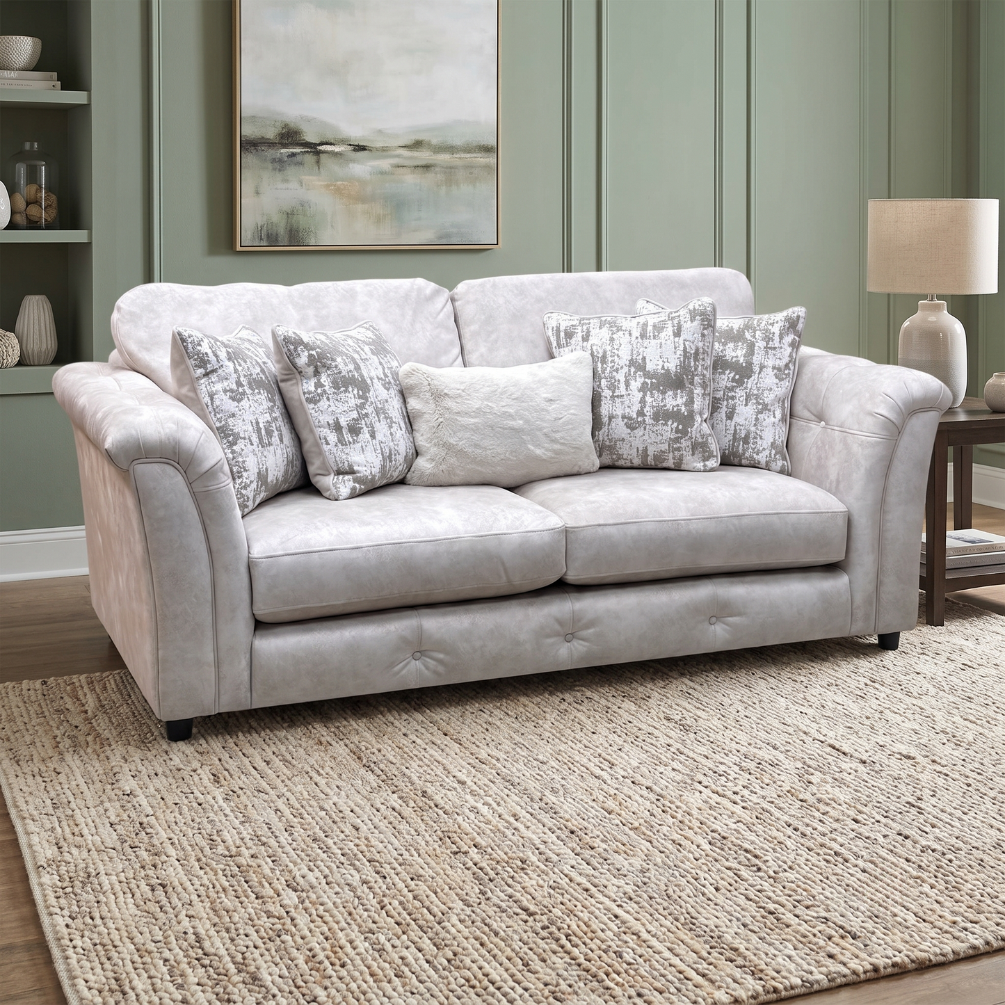 ‘Aura’ Kenzo Cream Dw Ft Velvet Fabric 3 Seater Classic Back Sofa