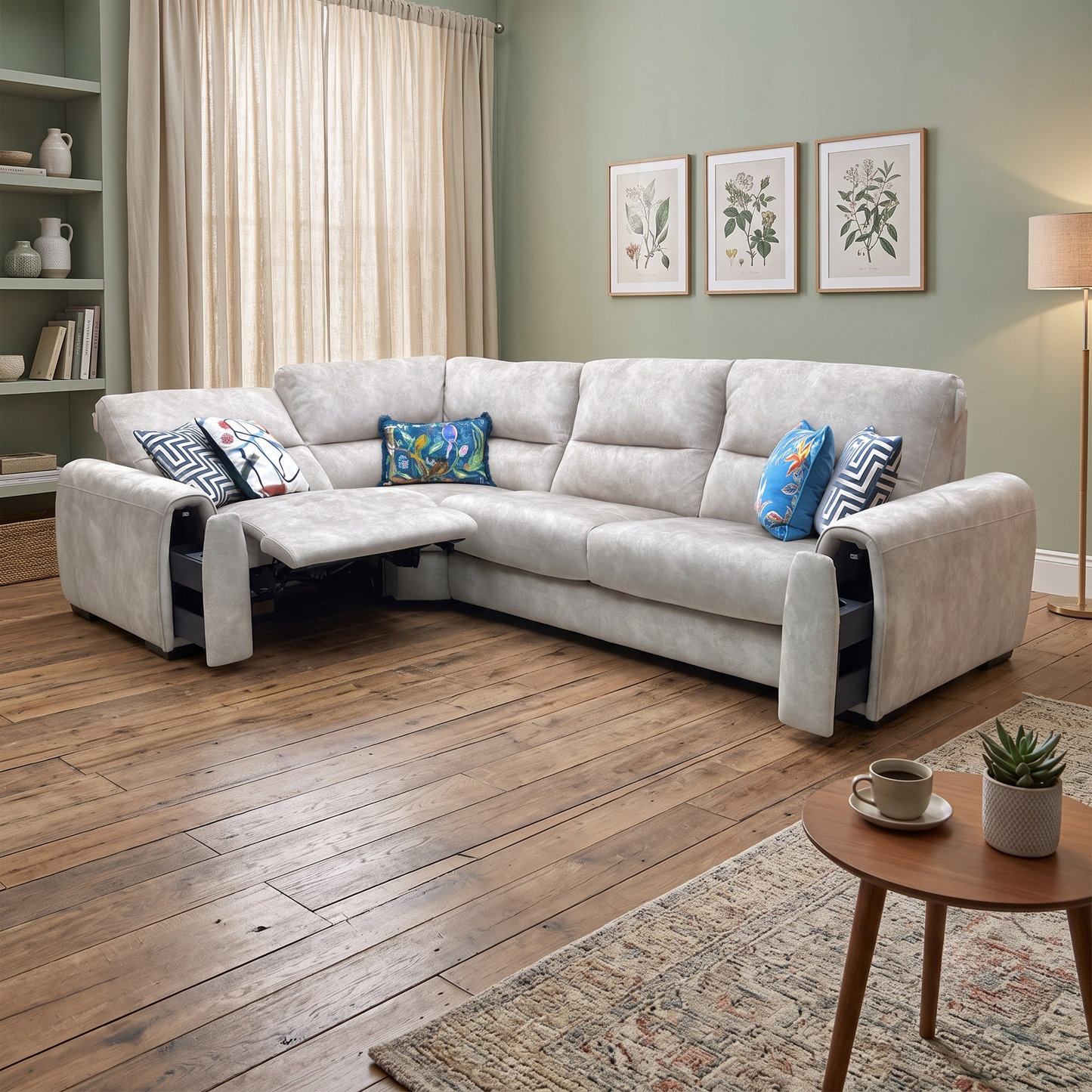 ‘Flex’ Bfa-Bnn-R26 Cream Velvet Small Corner Sofa with Power Recliner and Storage Arms