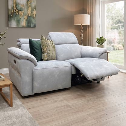 ‘Dolomite’ Dexter Smoke Blue Velvet 2 Seater Power Recliner Sofa with Power Headrests