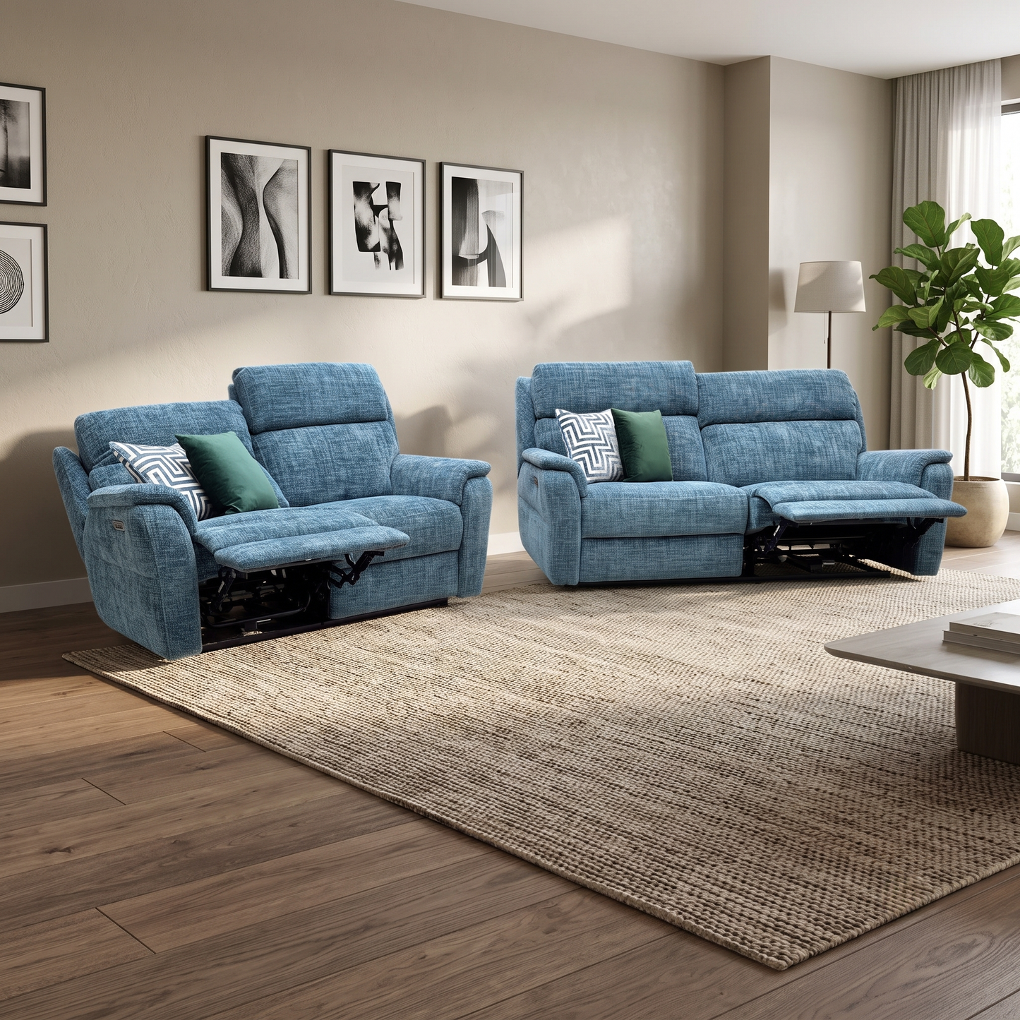 Nicoletti 'Vito' Baobab Blue Fabric 3 + 2 Seater Power Recliner Sofa Set with Power Headrests and Power Lumbar