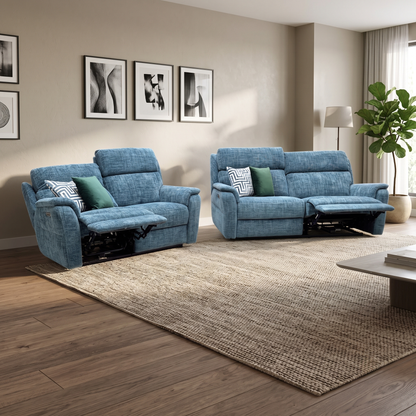 Nicoletti 'Vito' Baobab Blue Fabric 3 + 2 Seater Power Recliner Sofa Set with Power Headrests and Power Lumbar