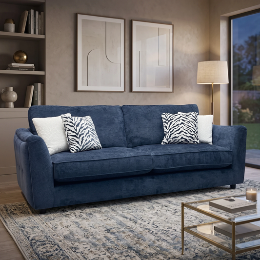 ‘Boujee’ Lustro Indigo Blue Fabric 4 Seater Classic Back Sofa – view 2
