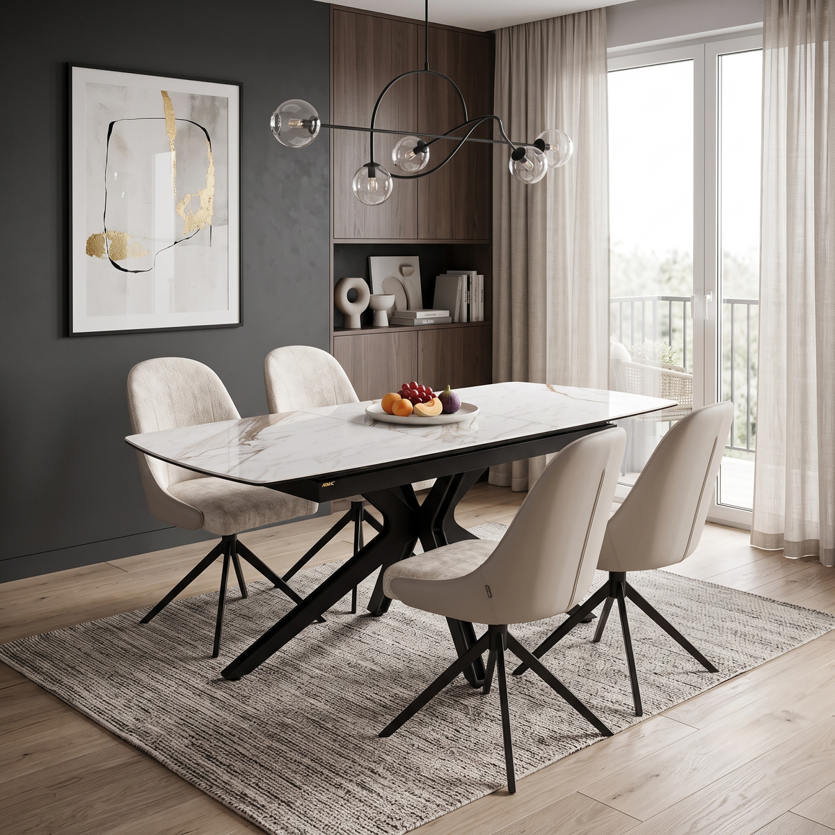 'Jose’ Doro Marble Ceramic Top 130cm Pop Up Extending Dining Table with Pebble Beige Fabric Set of 4 Swivel Dining Chairs