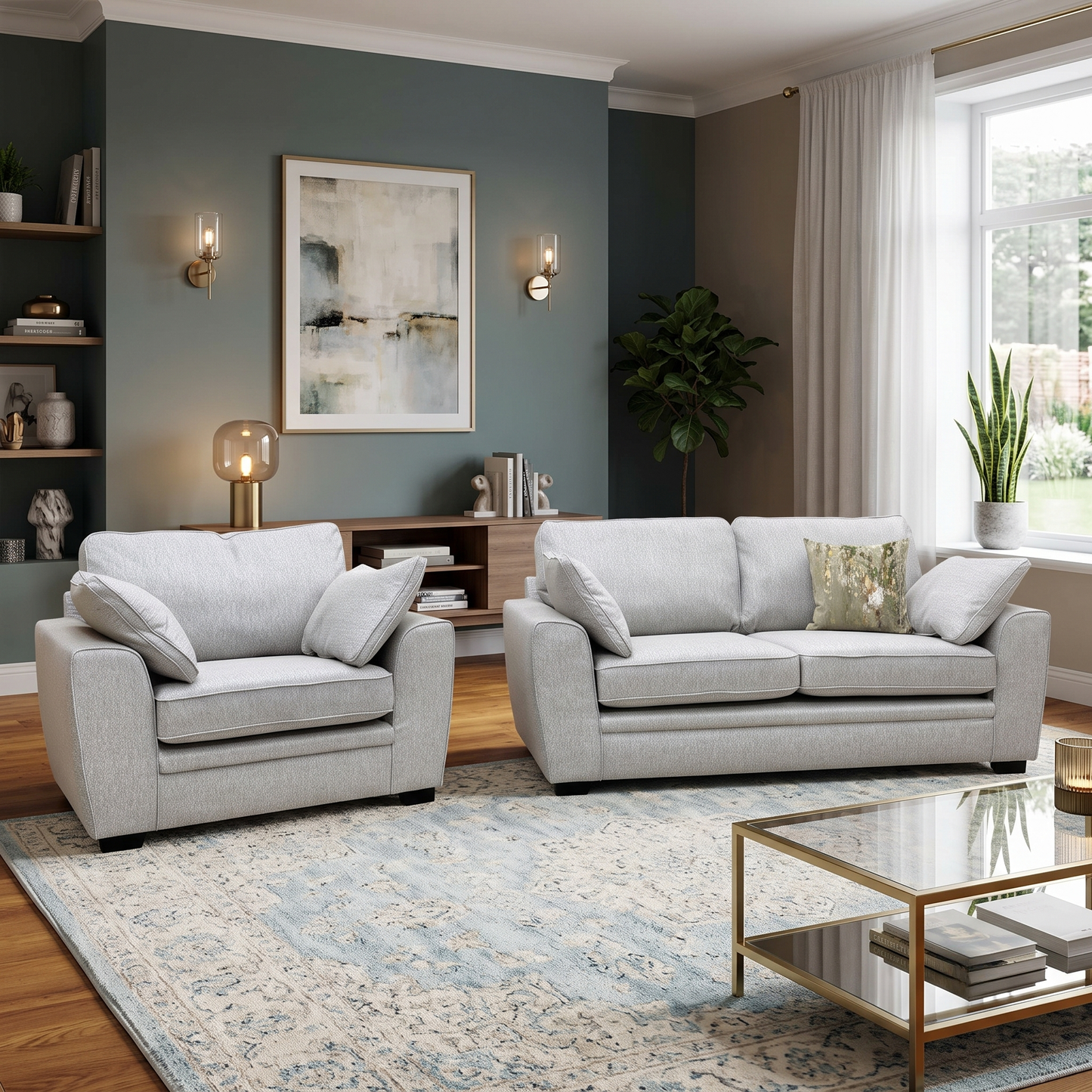 ‘Chalfont’ Orm Silver Tight Weave Fabric 3 Seater Sofa + Chair