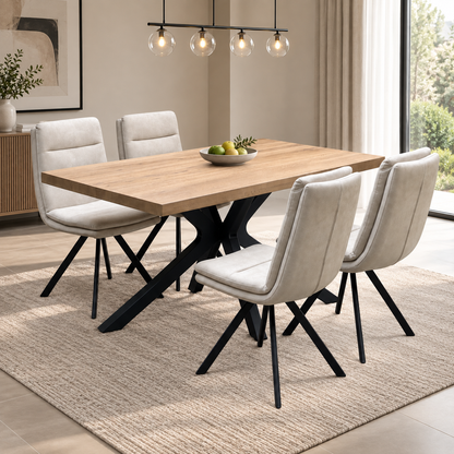 Bodahl 'Njord' 4 Desert Solid Oak Straight Top 160cm Metal Star Base Dining Table with Sand Beige Fabric Set of 4 Swivel Dining Chairs
