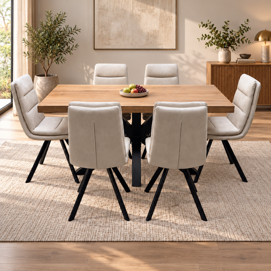 Bodahl Njord oak dining table and six sand beige swivel chairs in a dining room on a woven rug