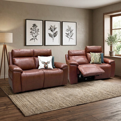 ‘Aero’ Butterscotch Cat-60 07 Brown Leather Set: 2 Seater Power Recliner with Power Headrests and Heated Seats + 2 Seater Standard Sofa Set