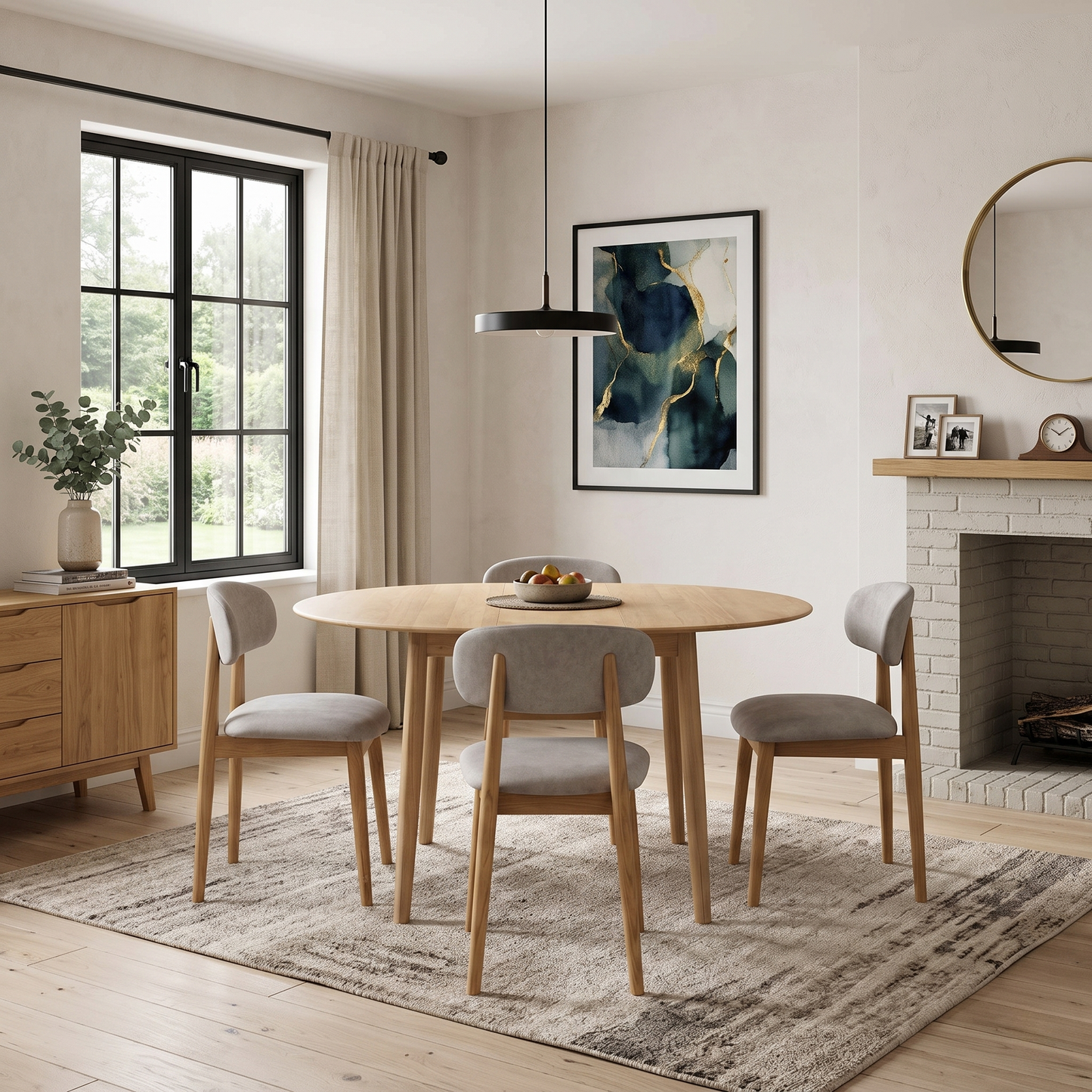 ‘Stockholm’ Light Oak Solid Oak Round Extending Dining Table with Light Oak Set of 4 Wooden Dining Chairs