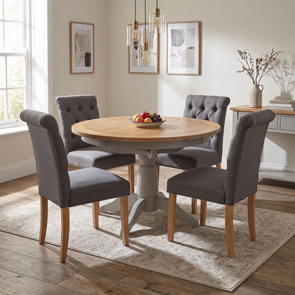 ‘Lewis’ Solid Oak Round Pedestal Butterfly Extending Dining Table with Anthracite Grey Fabric Set of 4 Button Back Dining Chairs