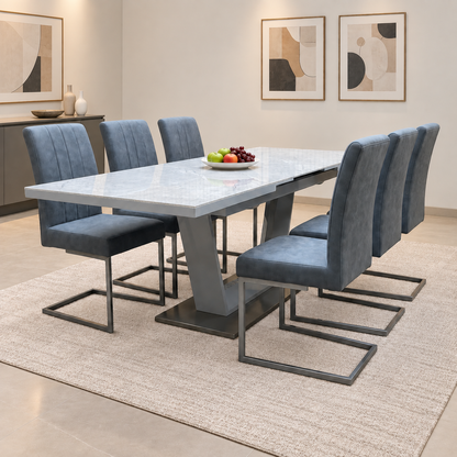 'Grigio' Marble Effect Ceramic Top Large Extending Dining Table with Grey Fabric Set of 6 Cantilever Dining Chairs