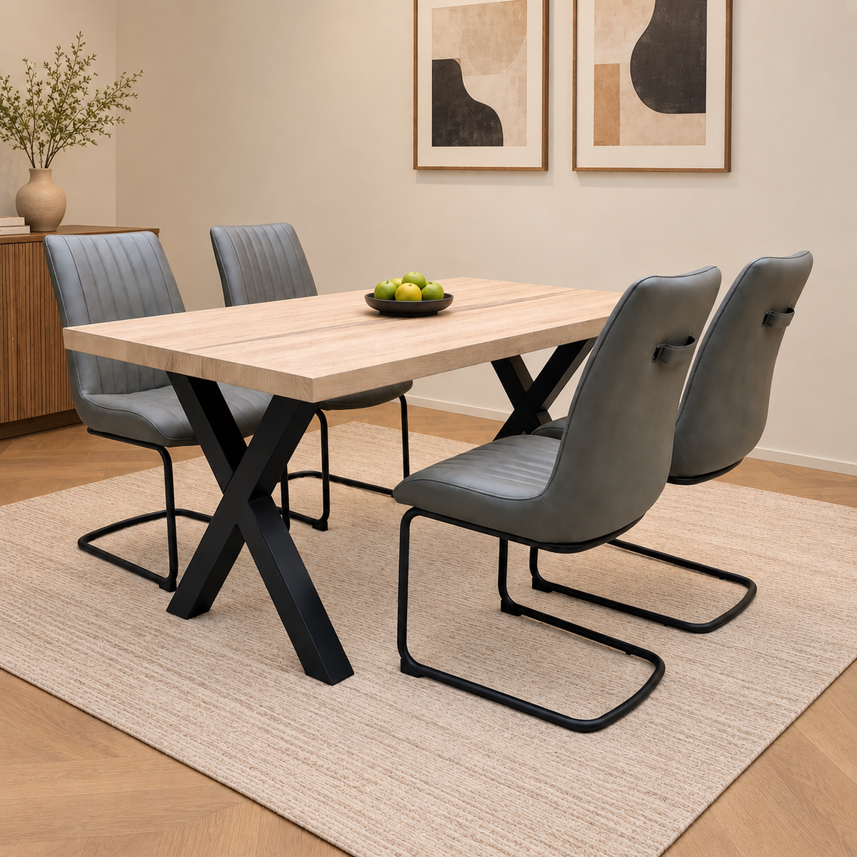 Bodahl 'Terra' 8 Vintage Grey Solid Oak 160cm Straight Edge Compact Dining Table with X-Shaped Legs with Grey Leather Cantilever Dining Chairs - Set of 4