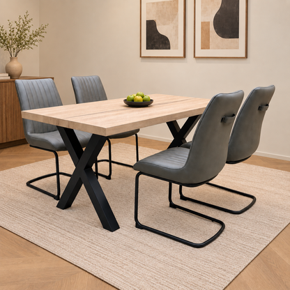 Bodahl 'Terra' 8 Vintage Grey Solid Oak 160cm Straight Edge Compact Dining Table with X-Shaped Legs with Grey Leather Cantilever Dining Chairs - Set of 4
