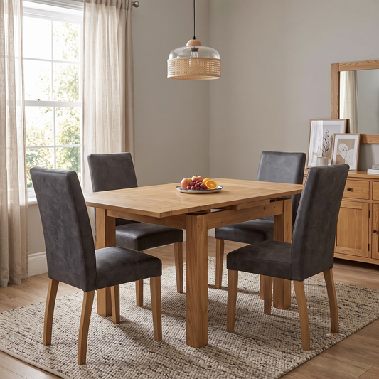 Furnitureland ‘Augusta’ Solid Oak Draw Leaf Extending Dining Table with Grey Cowboy Upholstered Dining Chairs – view 2