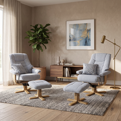 ‘Riga’ Chacha Dove Grey Fabric Swivel Chair and Footstool - Set of 2
