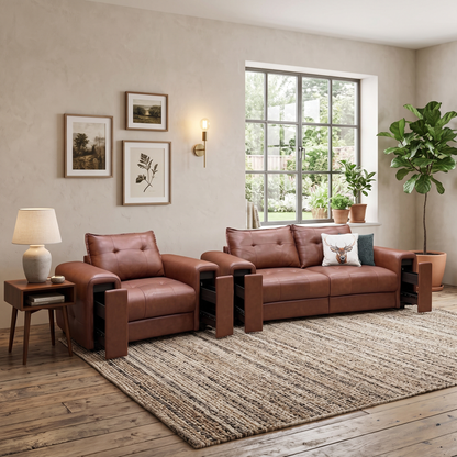 ‘Goliath’ Montana Cat-60_07 Butterscotch Brown Leather 3 Seater Sofa with Storage Draws + Chair with Storage Draws