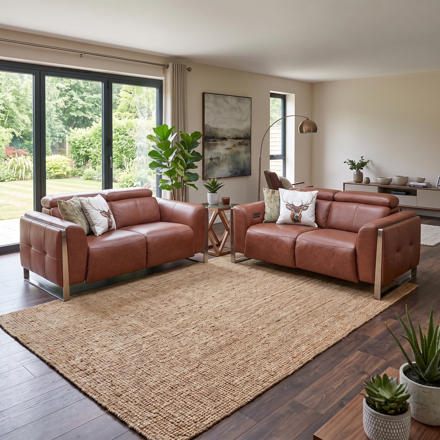 ‘Gisella’ Cat-60 07 Butterscotch Brown Leather Set: 2 Seater Power Recliner with Power Headrests + 2 Seater Standard Sofa Set