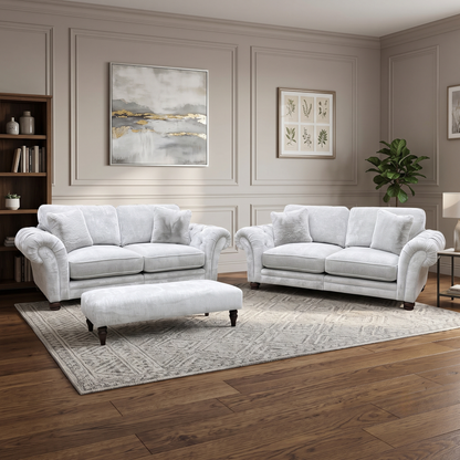 Ideal Home ‘Cotswold’ Burford Platinum Grey Fabric Set: 3 + 3 Seater Classic Back Split Frame Sofa with Bench Footstool