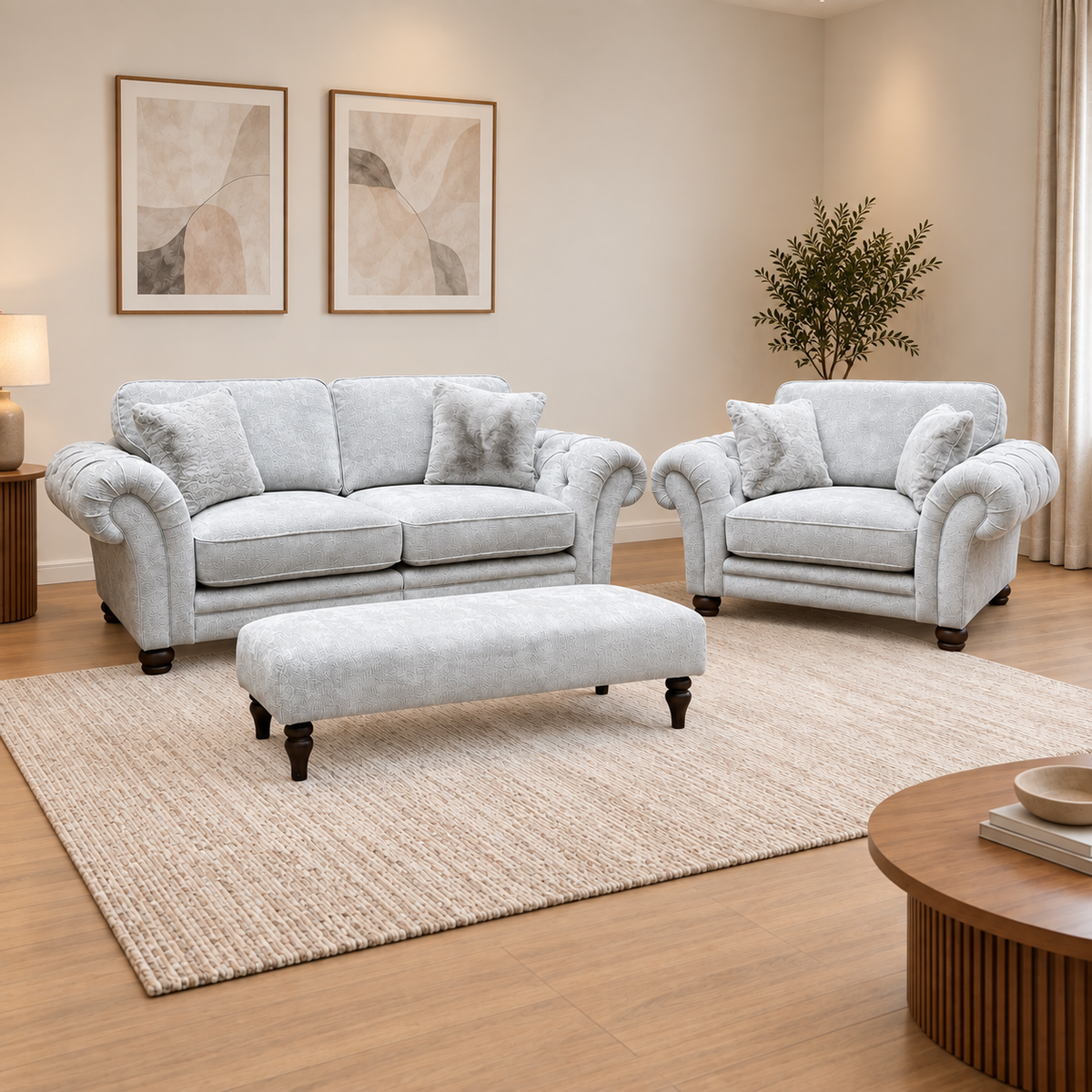 Ideal Home ‘Cotswold’ Burford Platinum Grey Fabric 3 Seater Classic Back Split Frame Sofa with Snuggler Chair + Bench Footstool