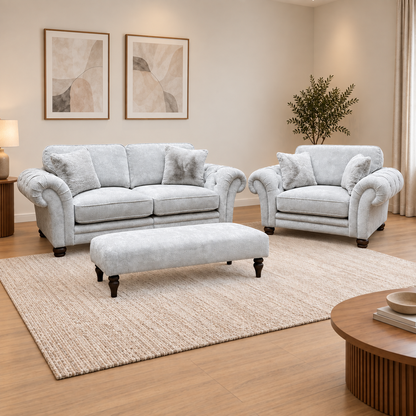Ideal Home ‘Cotswold’ Burford Platinum Grey Fabric 3 Seater Classic Back Split Frame Sofa with Snuggler Chair + Bench Footstool