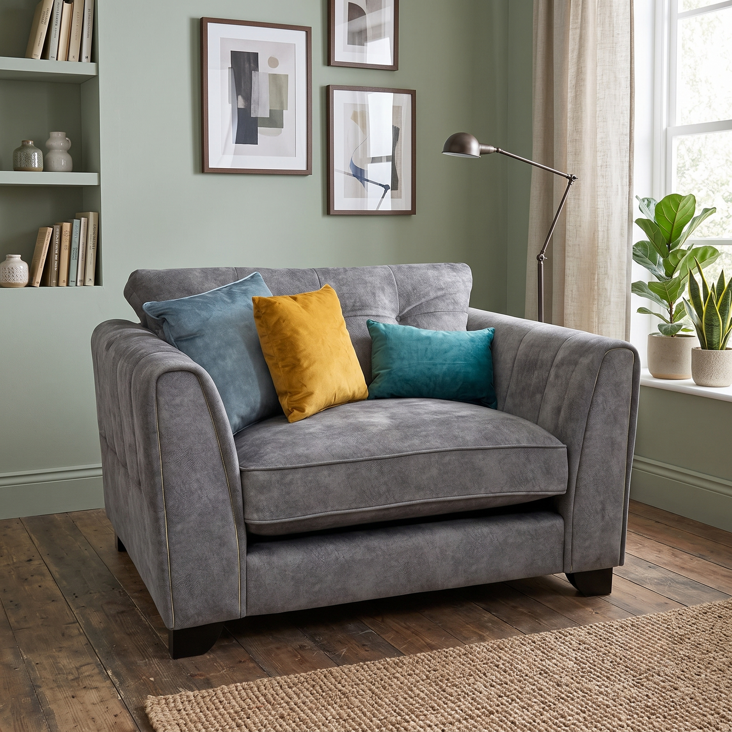 ‘Mariah’ Dapple Moleskin-Tri Brass Insert Velvet Fabric Classic Back Snuggler Chair