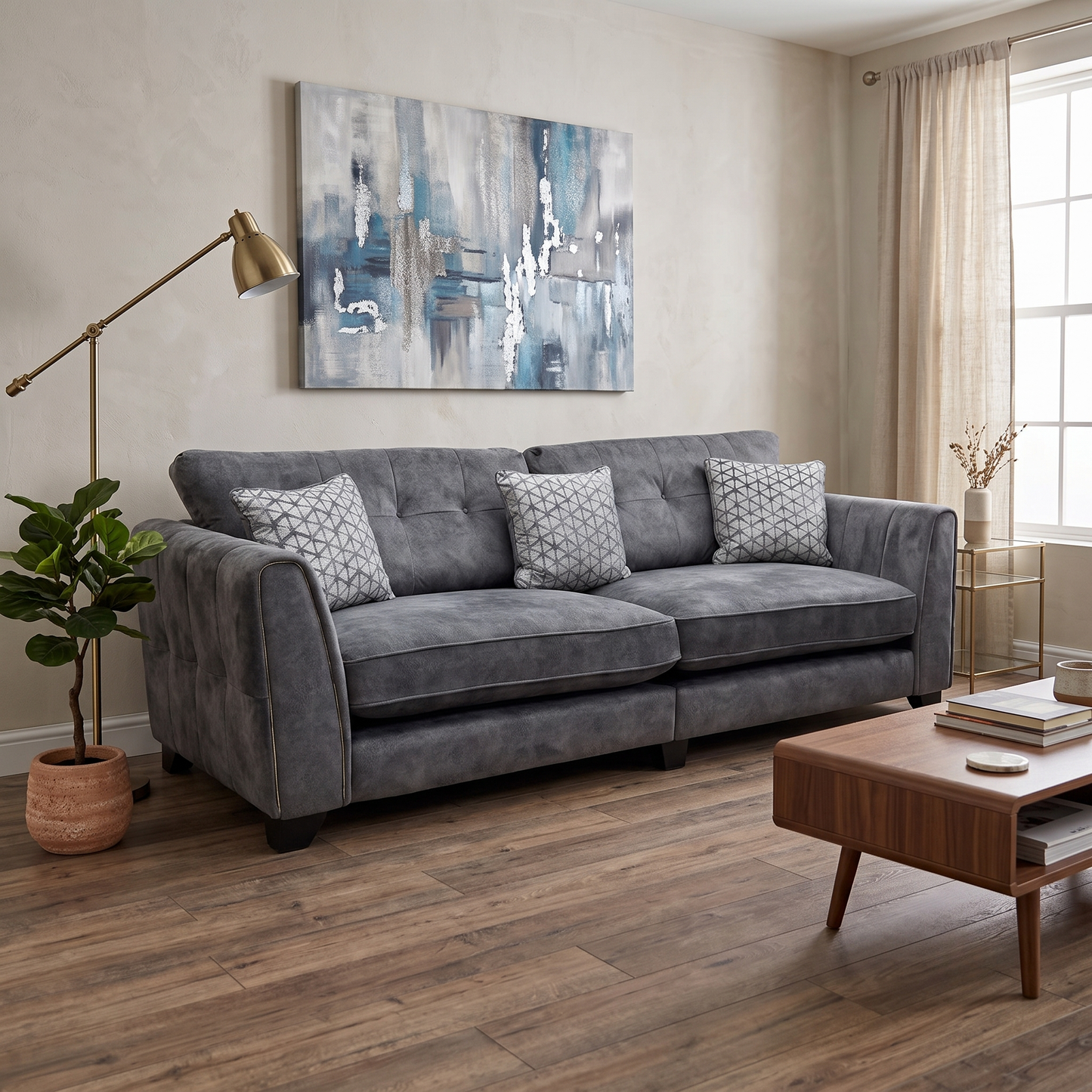 ‘Mariah’ Dapple Moleskin-Tri Brass Insert Velvet Fabric 4 Seater Classic Back Split Frame Sofa