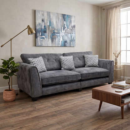 ‘Mariah’ Dapple Moleskin-Tri Brass Insert Velvet Fabric 4 Seater Classic Back Split Frame Sofa