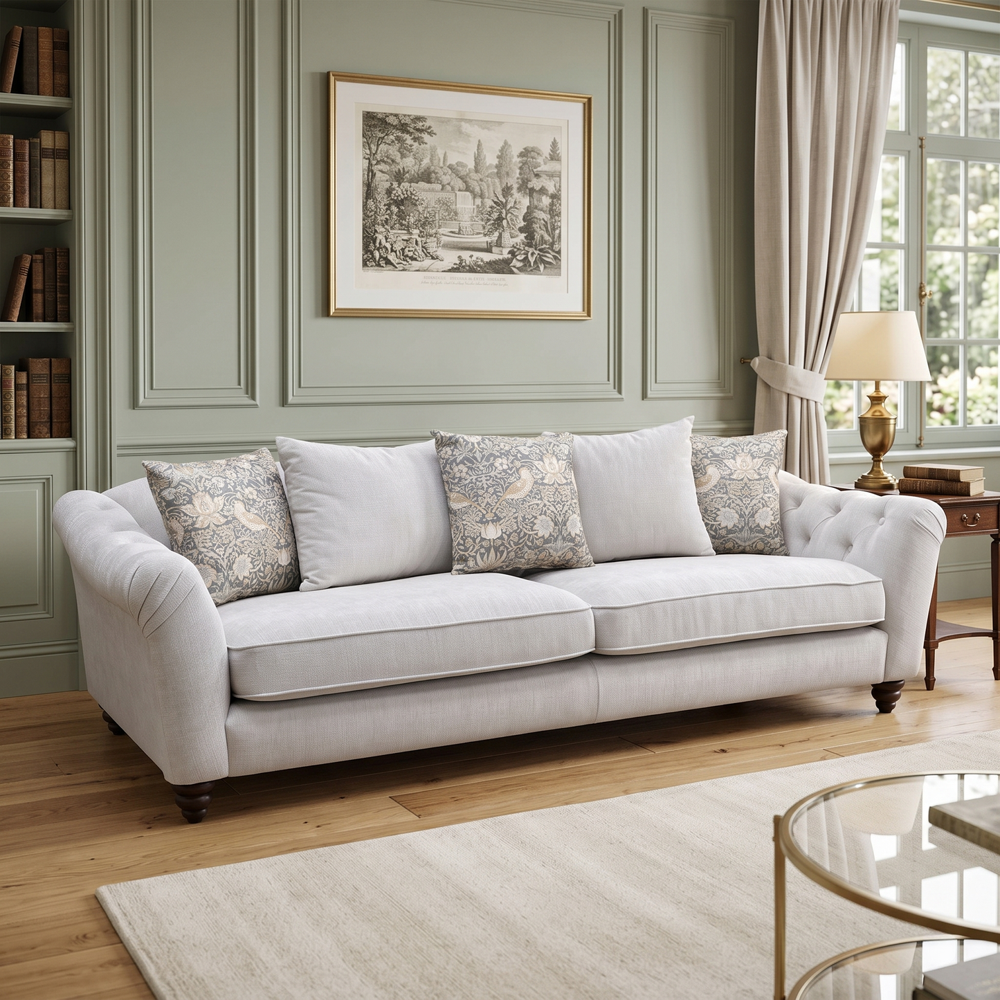 ‘Rita’ Ivory Genoa Marble Fabric 4 Seater Scatter Back Sofa