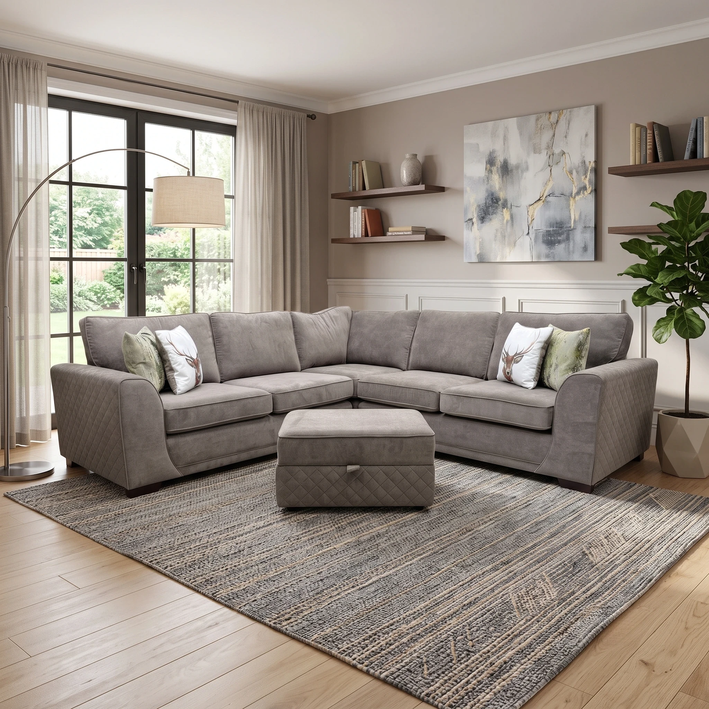 'Orka' Cocoa Brown Plaza Linen Fabric Large Corner Sofa + Large Storage Footstool – view 2