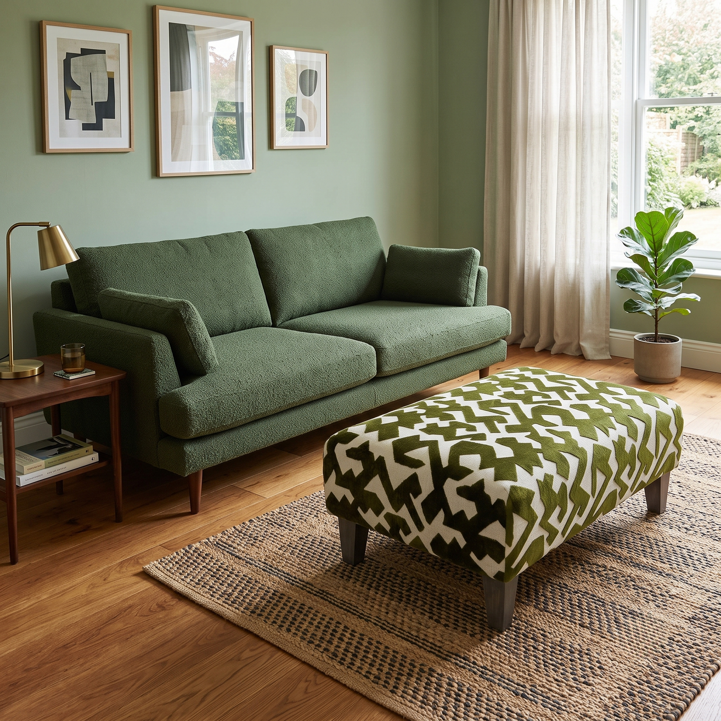 'Orlby' Sage Green Orlby Geo Patterned Fabric Banquette Footstool – view 2