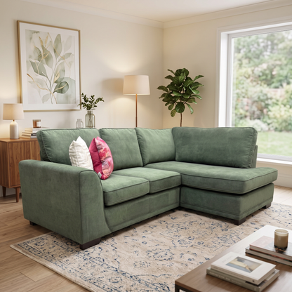 'Orka' Thyme Green Graceland Fabric Left Hand Facing Arm Compact 3 Piece Open End Corner Sofa – view 2