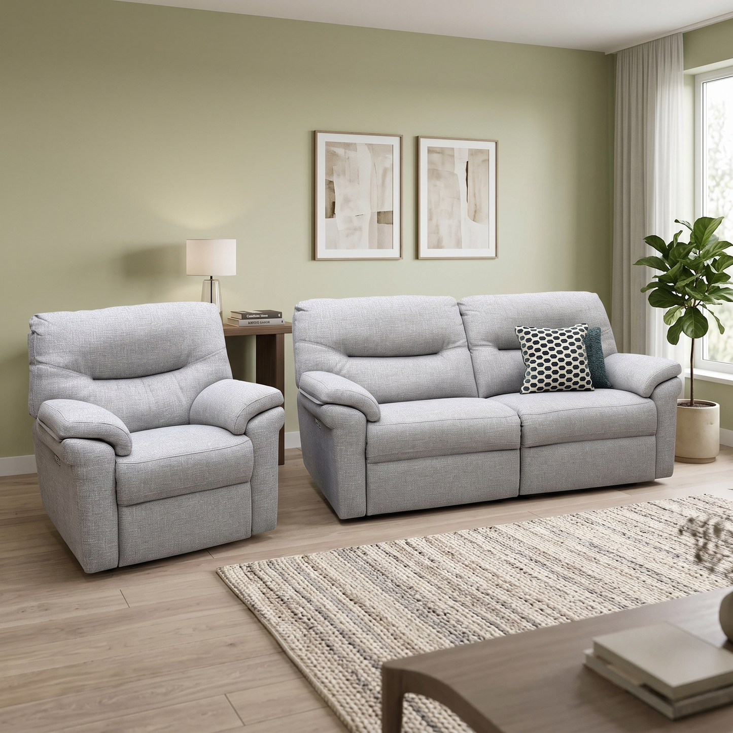 G Plan ‘Seattle’ Grey Fabric 3 Seater Power Recliner Sofa + Power Chair – view 2