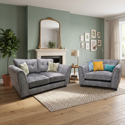 'Mariah' Dapple Moleskin-Tri Brass Insert Velvet Fabric Classic Back 2 Seater + Snuggler Chair Sofa Set
