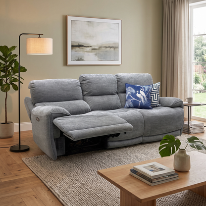 ‘Link’ Grey Fabric 3 Seater Power Recliner Sofa with Power Headrests