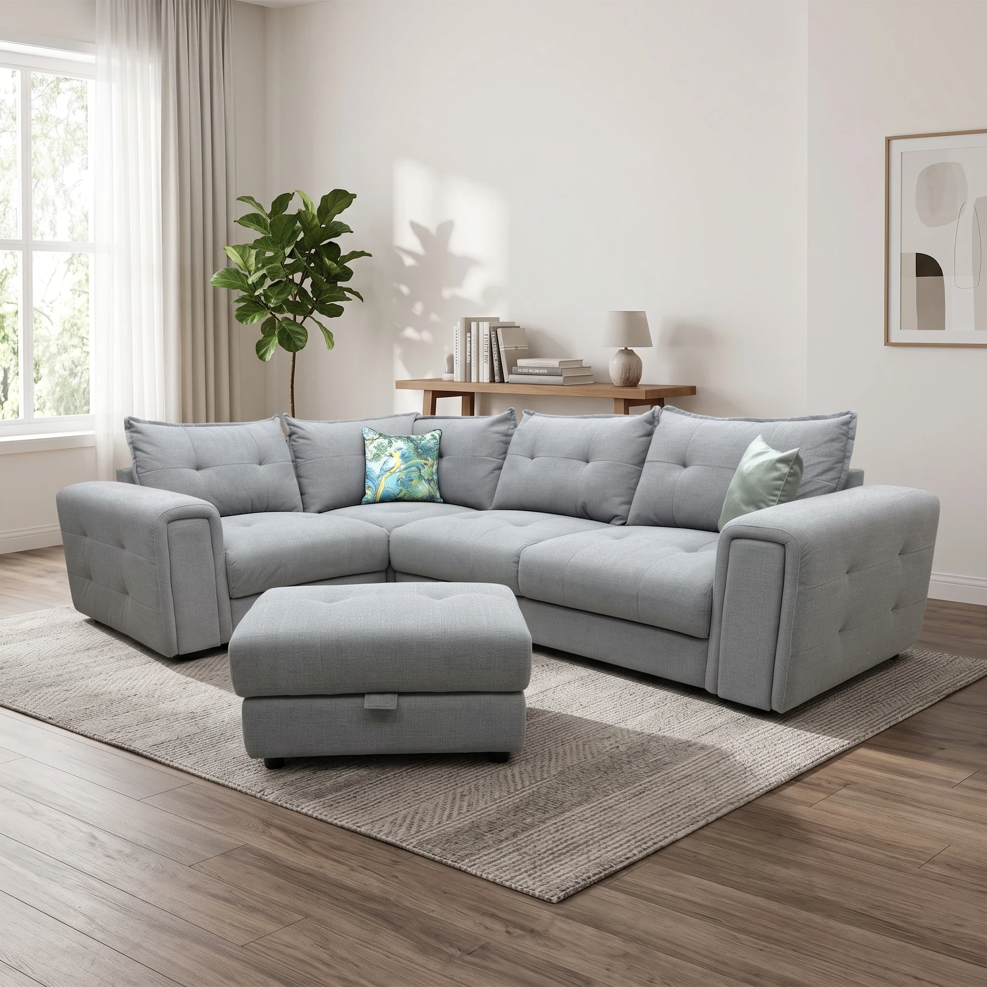 'Goliath' Oxford 94029 Storm Grey Fabric Left Hand Facing Corner Sofa with Storage Drawers + Storage Footstool – view 2