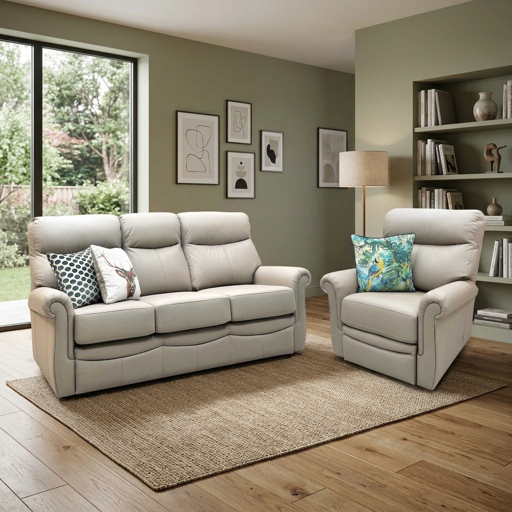 G Plan ‘Avon’ L846 Cambridge Taupe Leather 3 Seater + Lift and Rise Recliner Armchair Sofa Set