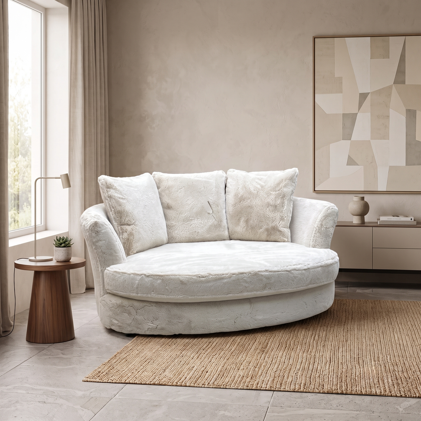 'Lorella' Vancouver Dawn Beige Faux Fur Pillow Back Cuddler Sofa
