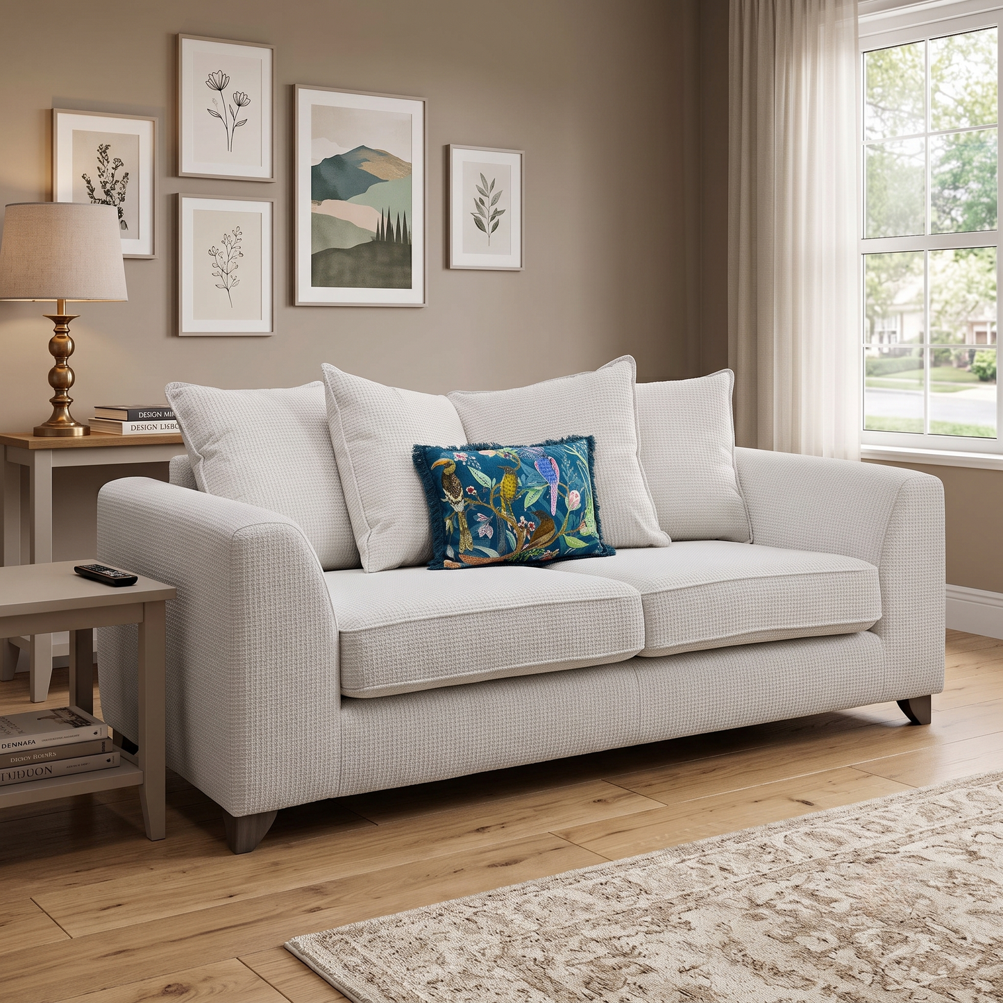 ‘Lorella’ Ivory Lorella Woven Fabric Pillow Back 3 Seater Sofa