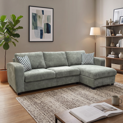 ‘Layla’ Forest Green Woven Fabric Left Hand Facing Full Storage Chaise End 3 Seater Sofa