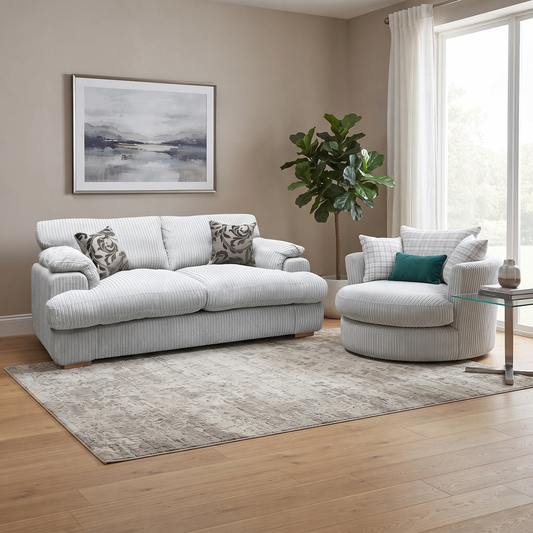 ‘Celine’ Mink and Mocha Celine Jumbo Cord Fabric 3 Seater Formal Back Deluxe Sofa Bed + Large Swivel Chair – view 2