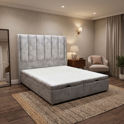 Artisan Collection ‘Ryo’ Daytona Stone Grey Velvet Fabric High Floor Standing Headboard + Double End Lift Ottoman Divan Base - Double