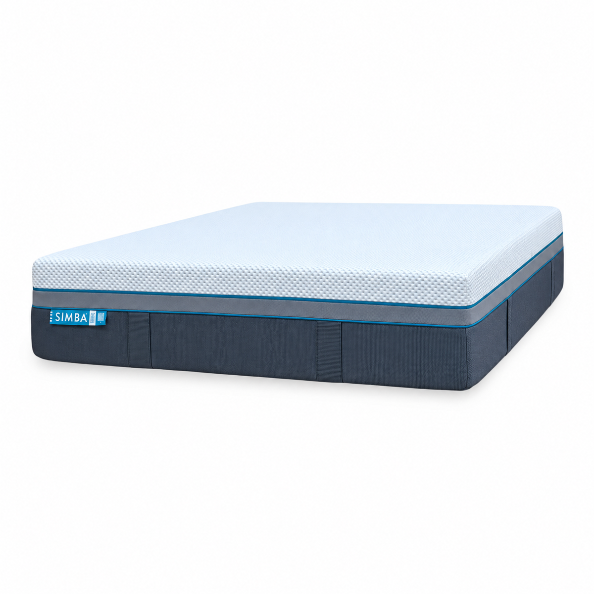 Simba Ultra Hybrid 7300 pocket spring king mattress, angled view with white top and navy grey side panels