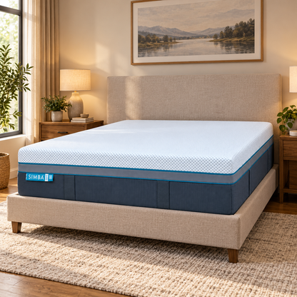 Simba Ultra Hybrid 7300 king mattress on a beige upholstered bed in a bedroom with a lake painting