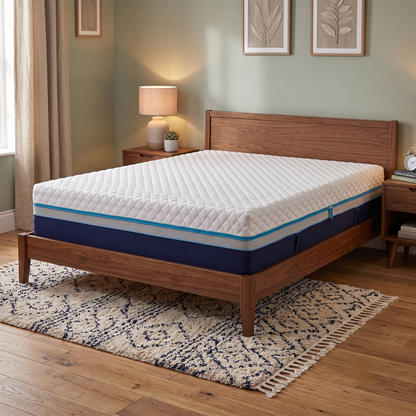 Simba Luxe Hybrid small double mattress on a wooden bed frame in a bedroom